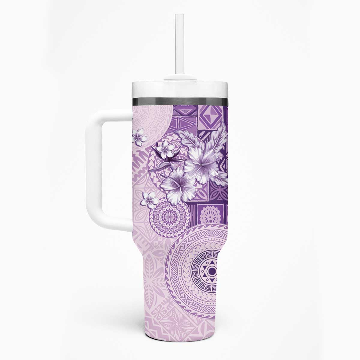 Hawaii Tapa Pattern With Violet Hibiscus Tumbler With Handle LT05 - Polynesian Pride