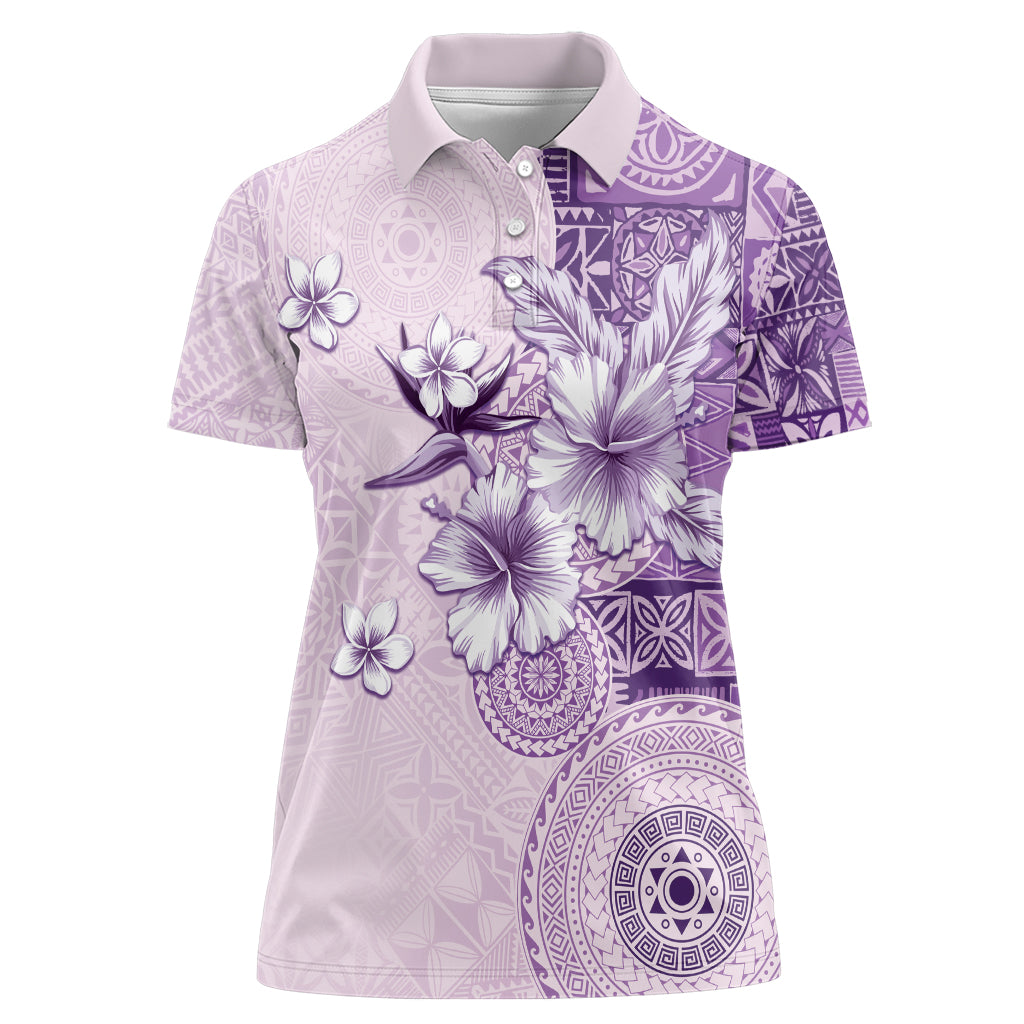 Hawaii Tapa Pattern With Violet Hibiscus Women Polo Shirt
