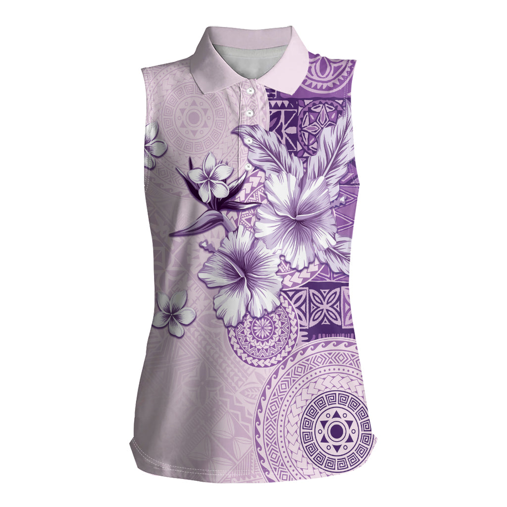 Hawaii Tapa Pattern With Violet Hibiscus Women Sleeveless Polo Shirt