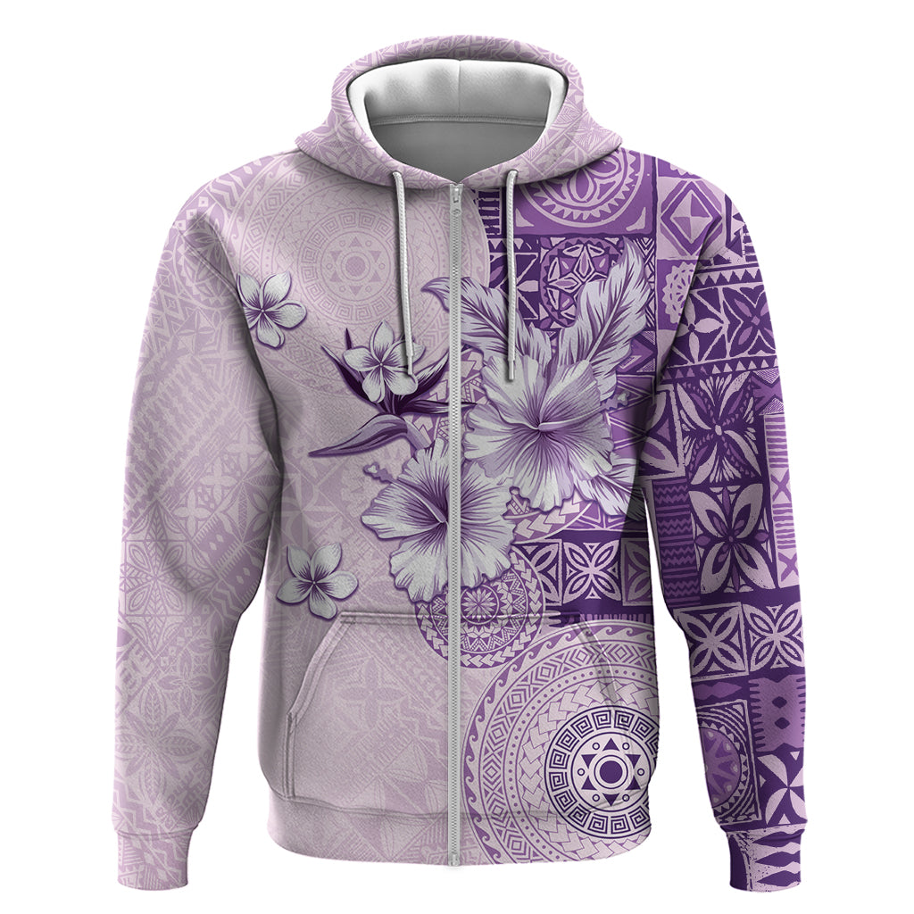 Hawaii Tapa Pattern With Violet Hibiscus Zip Hoodie LT05 Zip Hoodie Violet - Polynesian Pride