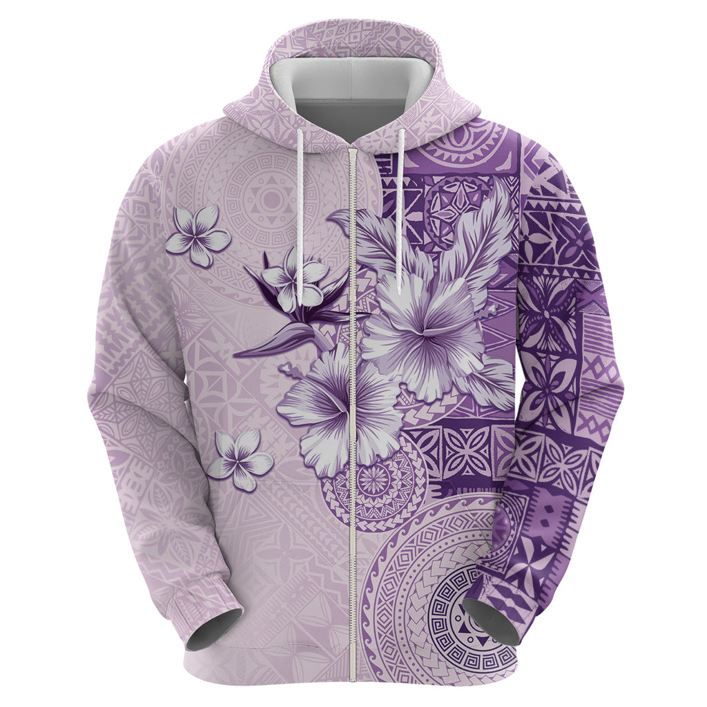 Hawaii Tapa Pattern With Violet Hibiscus Zip Hoodie LT05 - Polynesian Pride
