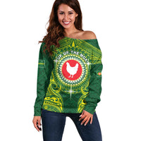 Personalized American Samoa Manua Cession Day Off Shoulder Sweater Up Up The Moa LT05 Women Green - Polynesian Pride