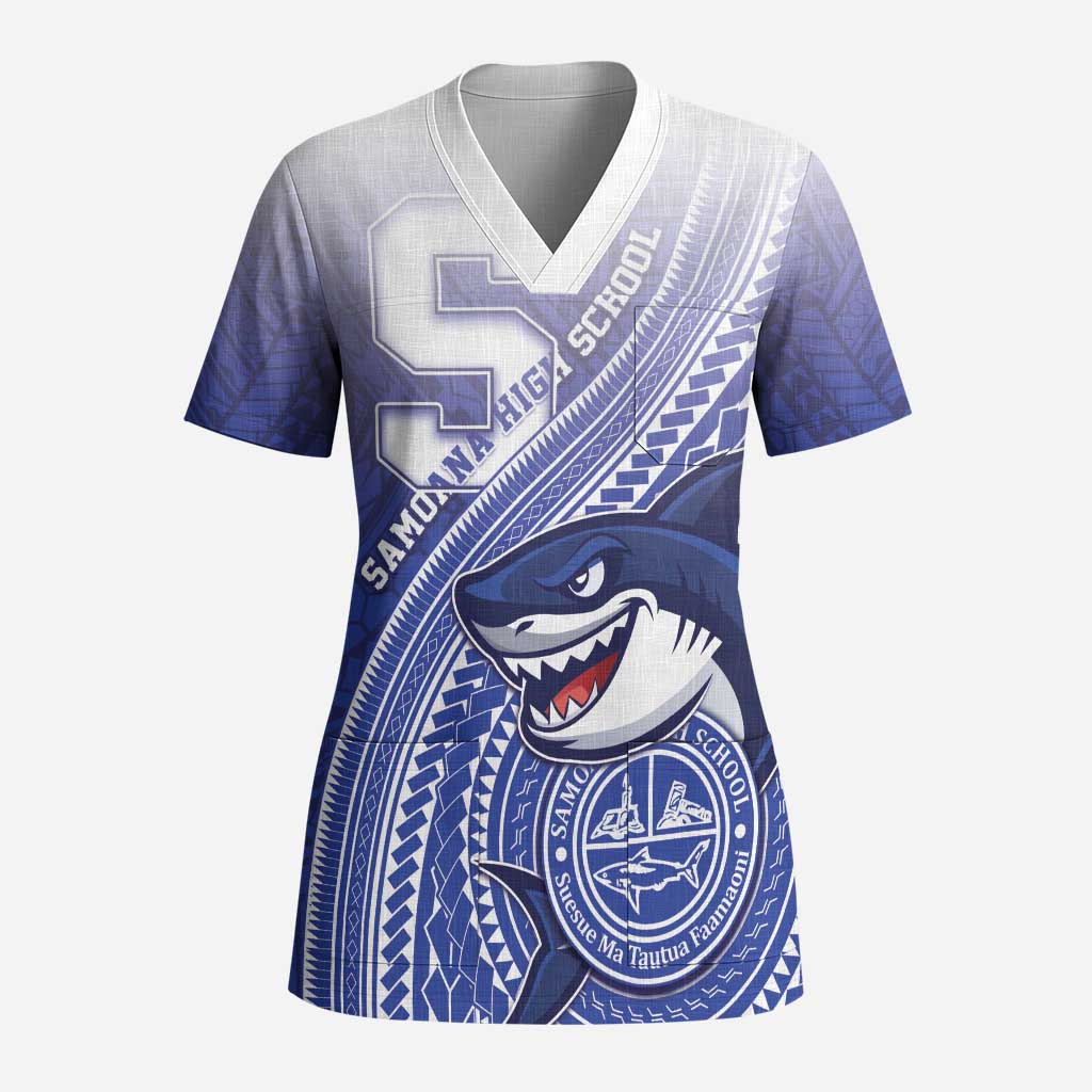 Personalized Samoana High School Scrub Top Polynesian Tribal Shark LT05 Adult Blue - Polynesian Pride