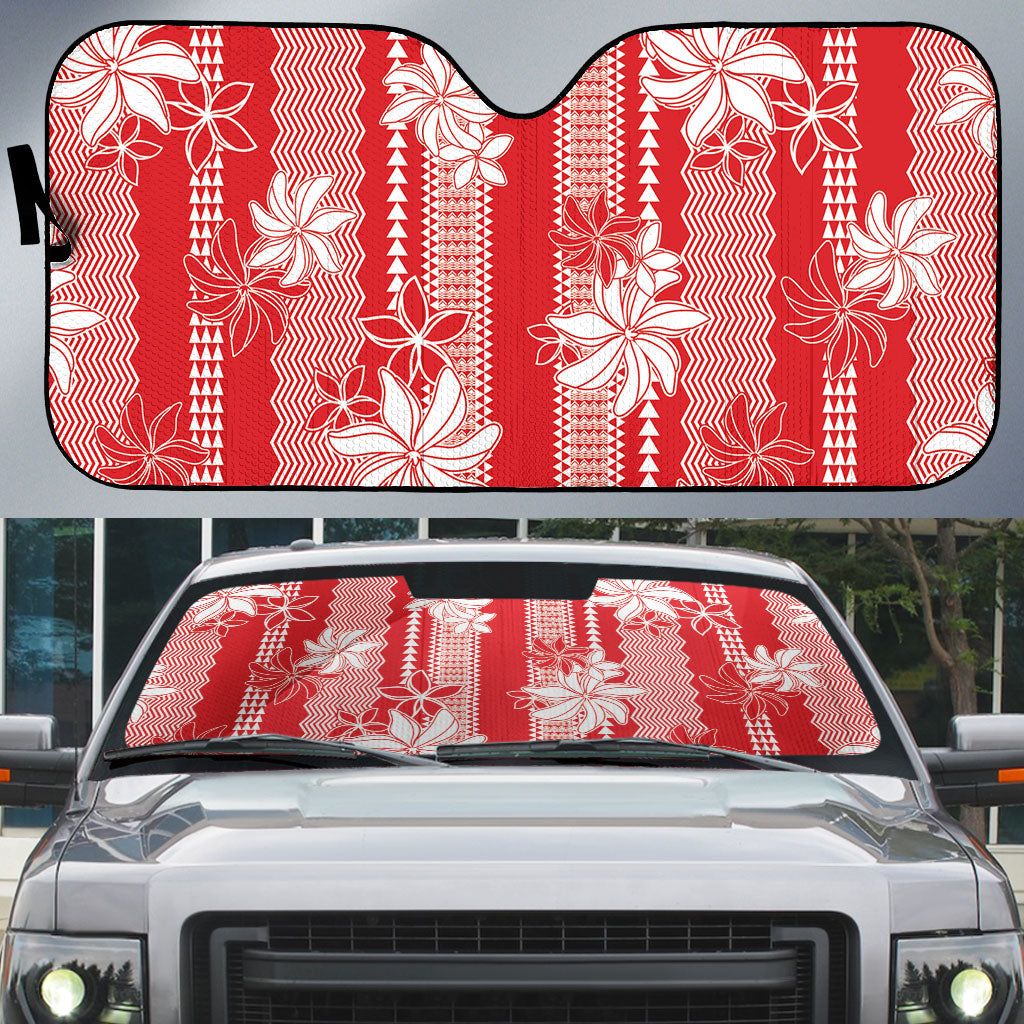 Hawaii Kakau Tribal Auto Sun Shade With Red Tiare LT05 Red - Polynesian Pride