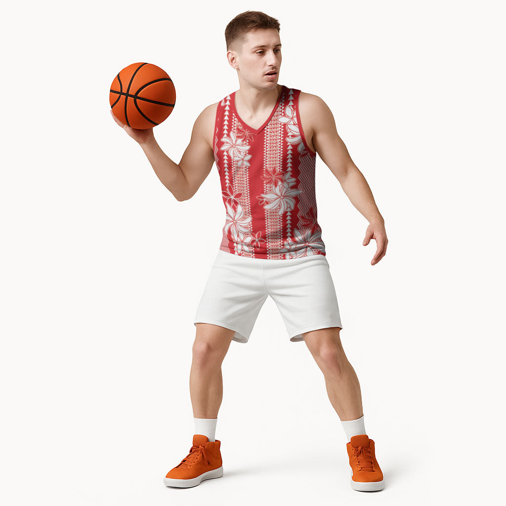 Hawaii Kakau Tribal Basketball Jersey With Red Tiare LT05 - Polynesian Pride