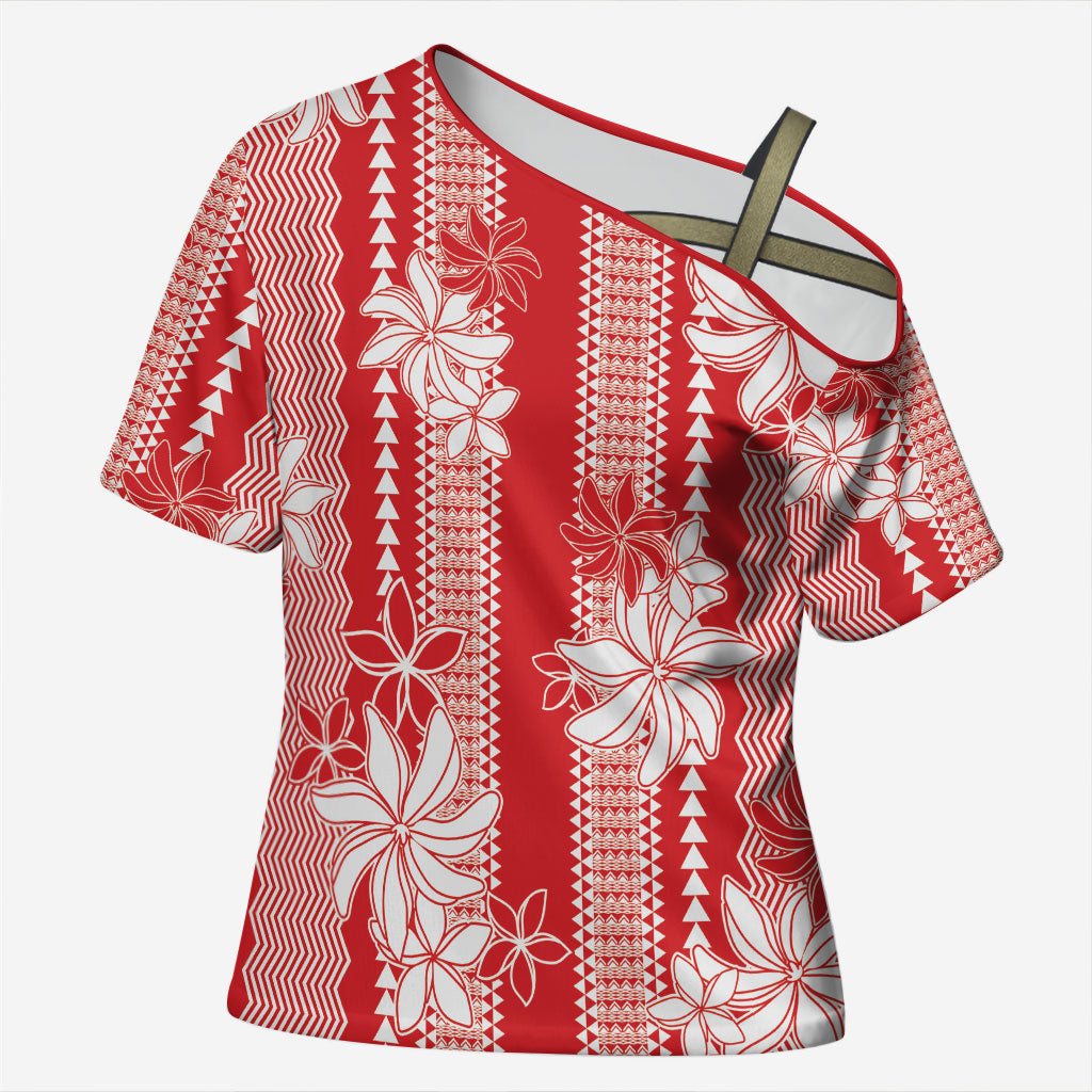 Hawaii Kakau Tribal Cross Shoulder Shirt With Red Tiare LT05 Female Red - Polynesian Pride