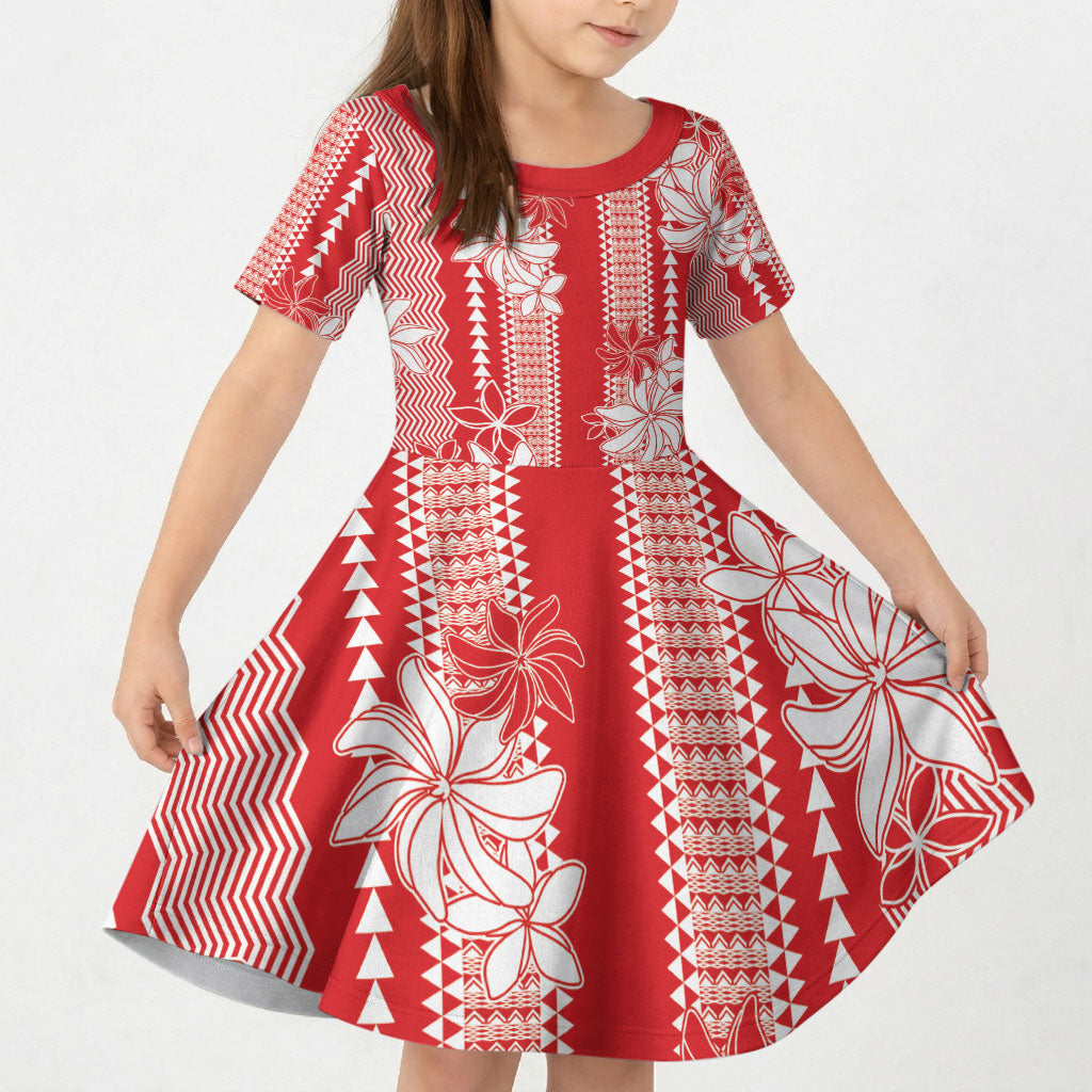Hawaii Kakau Tribal Kid Short Sleeve Dress With Red Tiare LT05 KID Red - Polynesian Pride