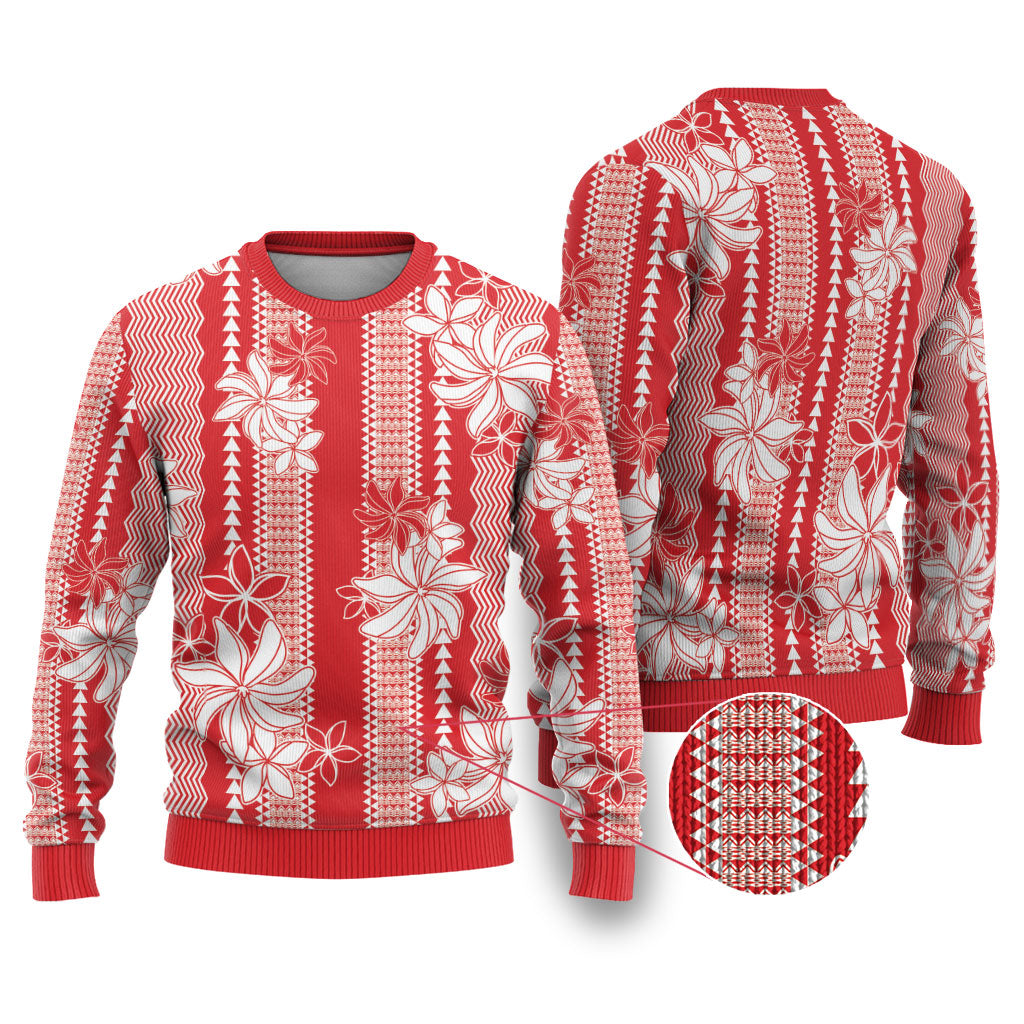 Hawaii Kakau Tribal Ugly Christmas Sweater With Red Tiare LT05 Red - Polynesian Pride