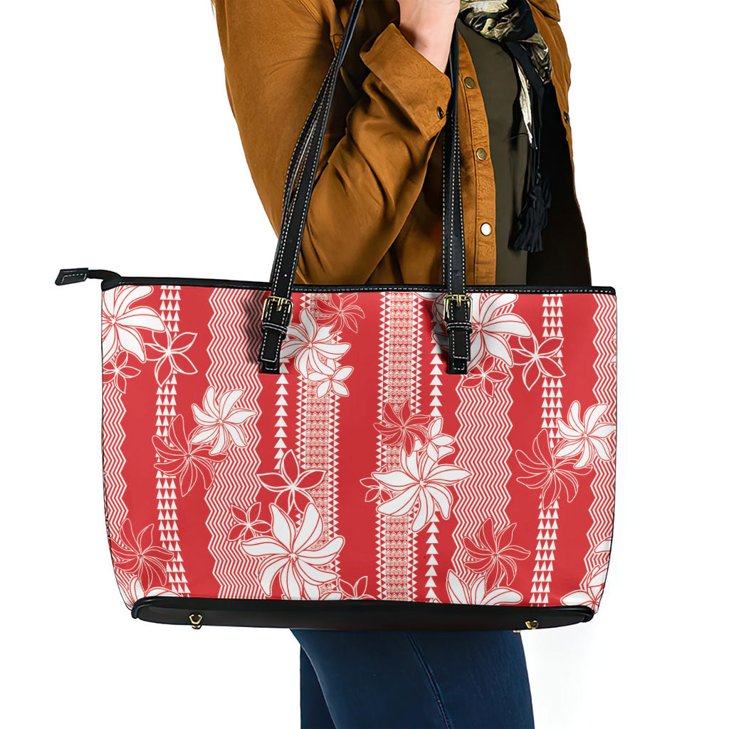 Hawaii Kakau Tribal Leather Tote Bag With Red Tiare LT05 - Polynesian Pride