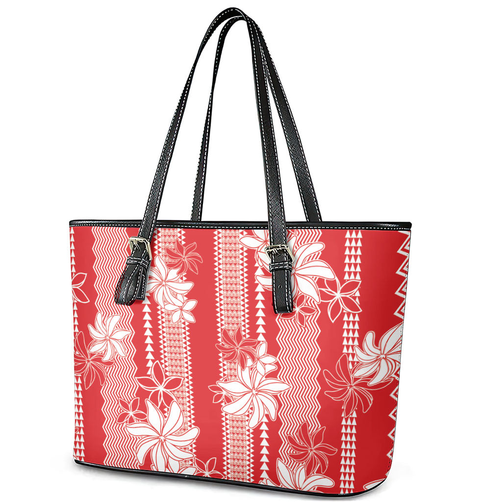 Hawaii Kakau Tribal Leather Tote Bag With Red Tiare LT05 - Polynesian Pride