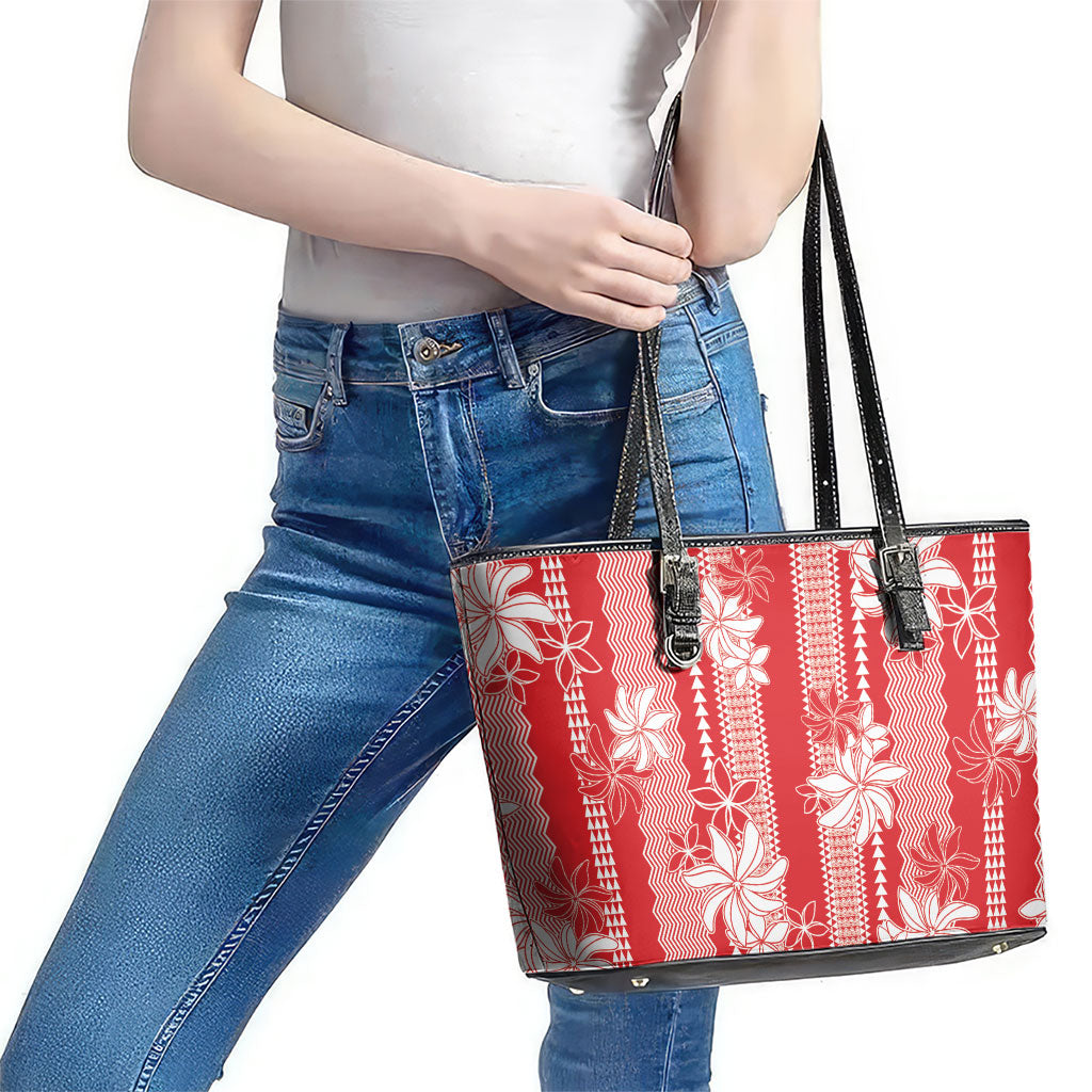 Hawaii Kakau Tribal Leather Tote Bag With Red Tiare LT05 - Polynesian Pride