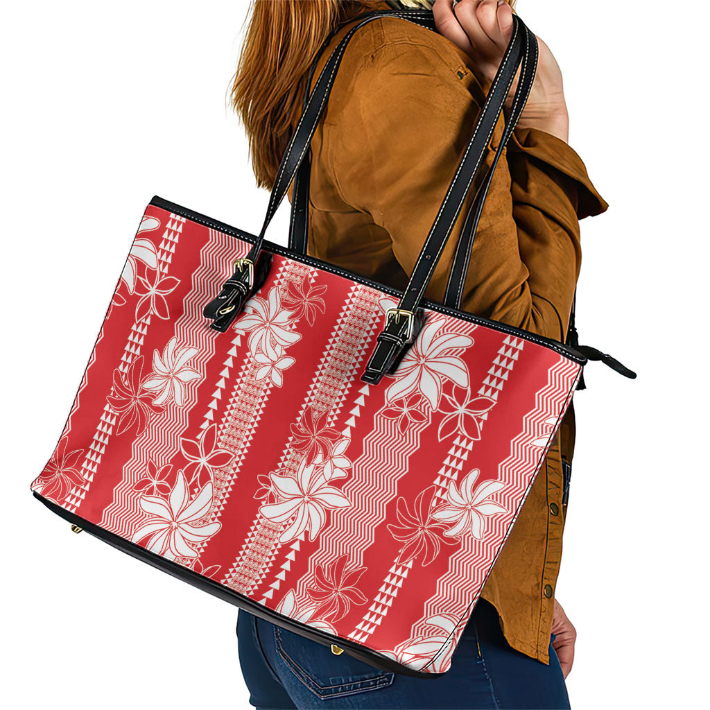 Hawaii Kakau Tribal Leather Tote Bag With Red Tiare LT05 - Polynesian Pride