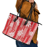 Hawaii Kakau Tribal Leather Tote Bag With Red Tiare LT05 - Polynesian Pride