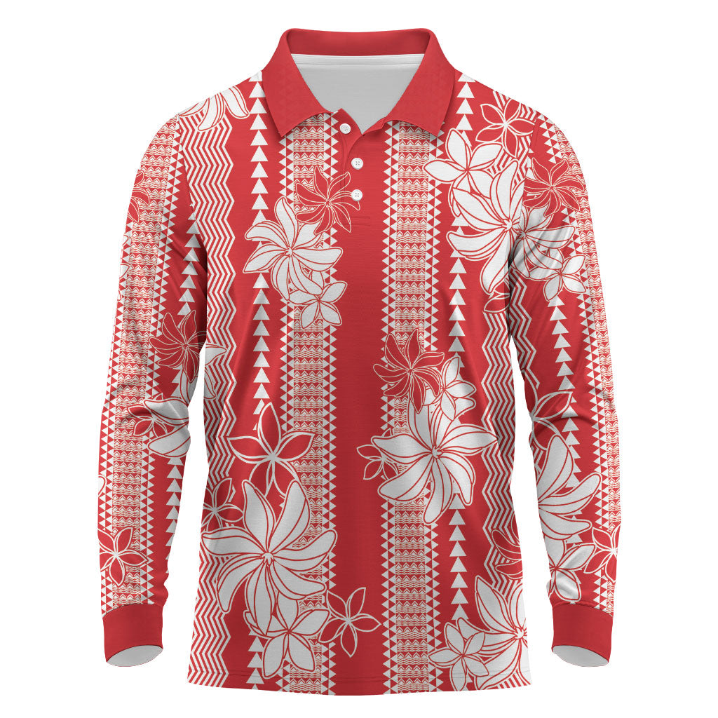 Hawaii Kakau Tribal Long Sleeve Polo Shirt With Red Tiare LT05 Red - Polynesian Pride