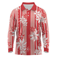 Hawaii Kakau Tribal Long Sleeve Polo Shirt With Red Tiare LT05 Red - Polynesian Pride