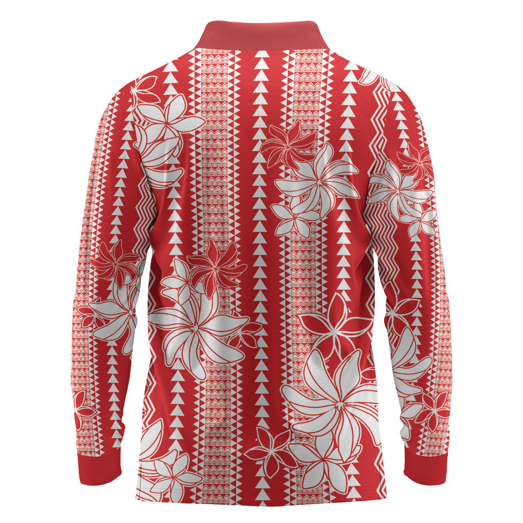 Hawaii Kakau Tribal Long Sleeve Polo Shirt With Red Tiare LT05 - Polynesian Pride