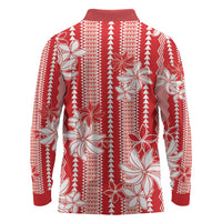 Hawaii Kakau Tribal Long Sleeve Polo Shirt With Red Tiare LT05 - Polynesian Pride