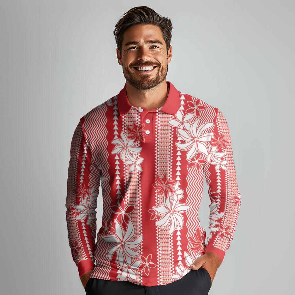 Hawaii Kakau Tribal Long Sleeve Polo Shirt With Red Tiare LT05 - Polynesian Pride