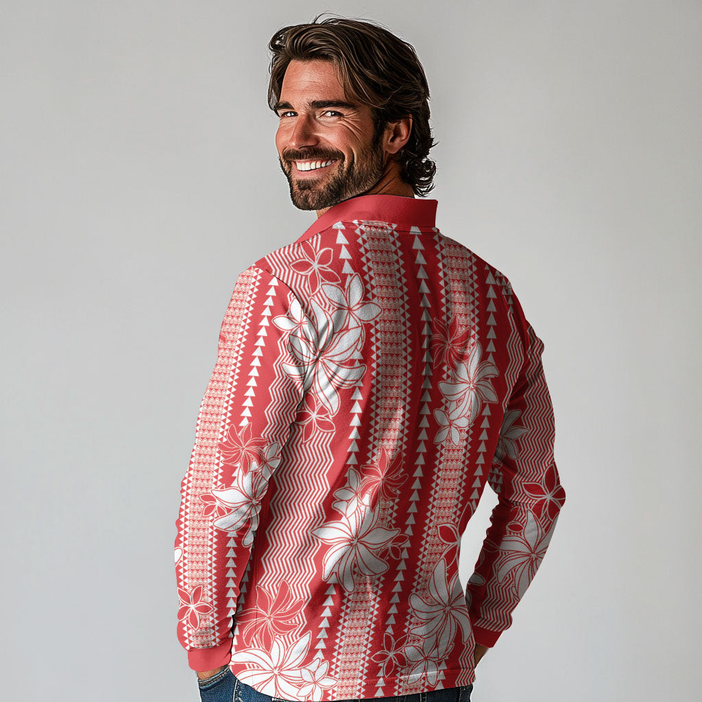 Hawaii Kakau Tribal Long Sleeve Polo Shirt With Red Tiare LT05 - Polynesian Pride