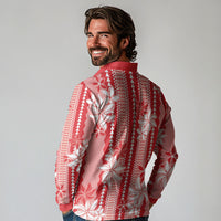 Hawaii Kakau Tribal Long Sleeve Polo Shirt With Red Tiare LT05 - Polynesian Pride