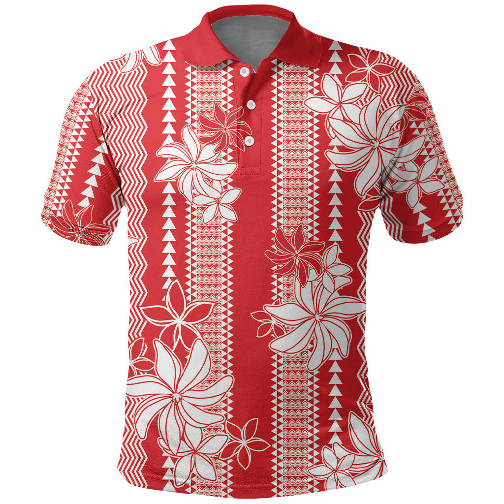 Hawaii Kakau Tribal Polo Shirt With Red Tiare LT05 Red - Polynesian Pride