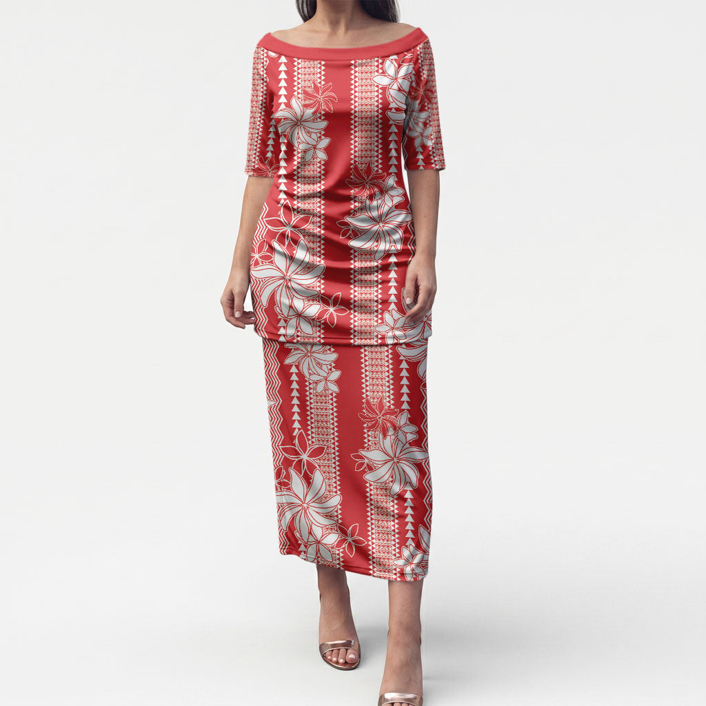 Hawaii Kakau Tribal Puletasi With Red Tiare LT05 Long Dress Red - Polynesian Pride