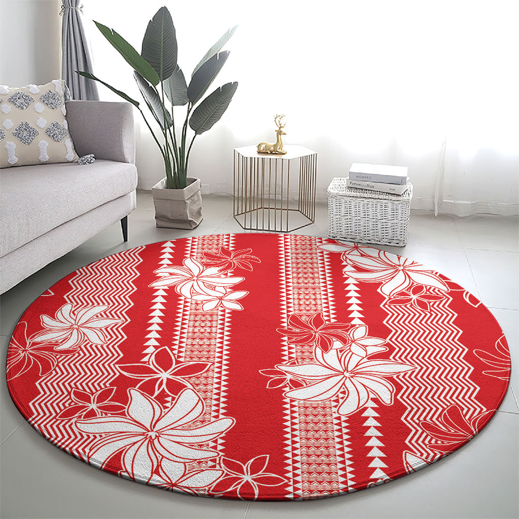 Hawaii Kakau Tribal Round Carpet With Red Tiare LT05 - Polynesian Pride