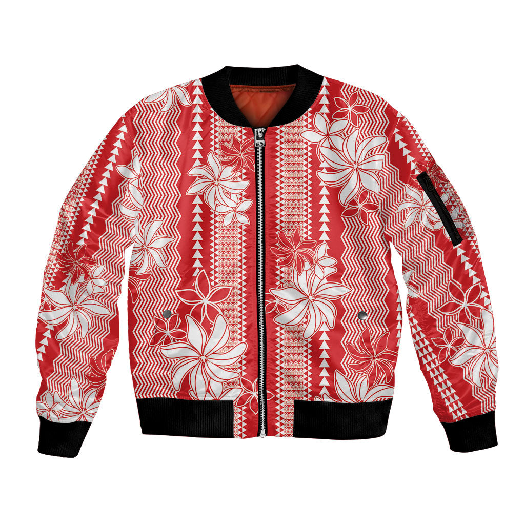 Hawaii Kakau Tribal Sleeve Zip Bomber Jacket With Red Tiare LT05 Unisex Red - Polynesian Pride