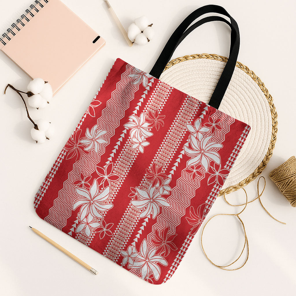 Hawaii Kakau Tribal Tote Bag With Red Tiare LT05 Black Strap One Size Red - Polynesian Pride