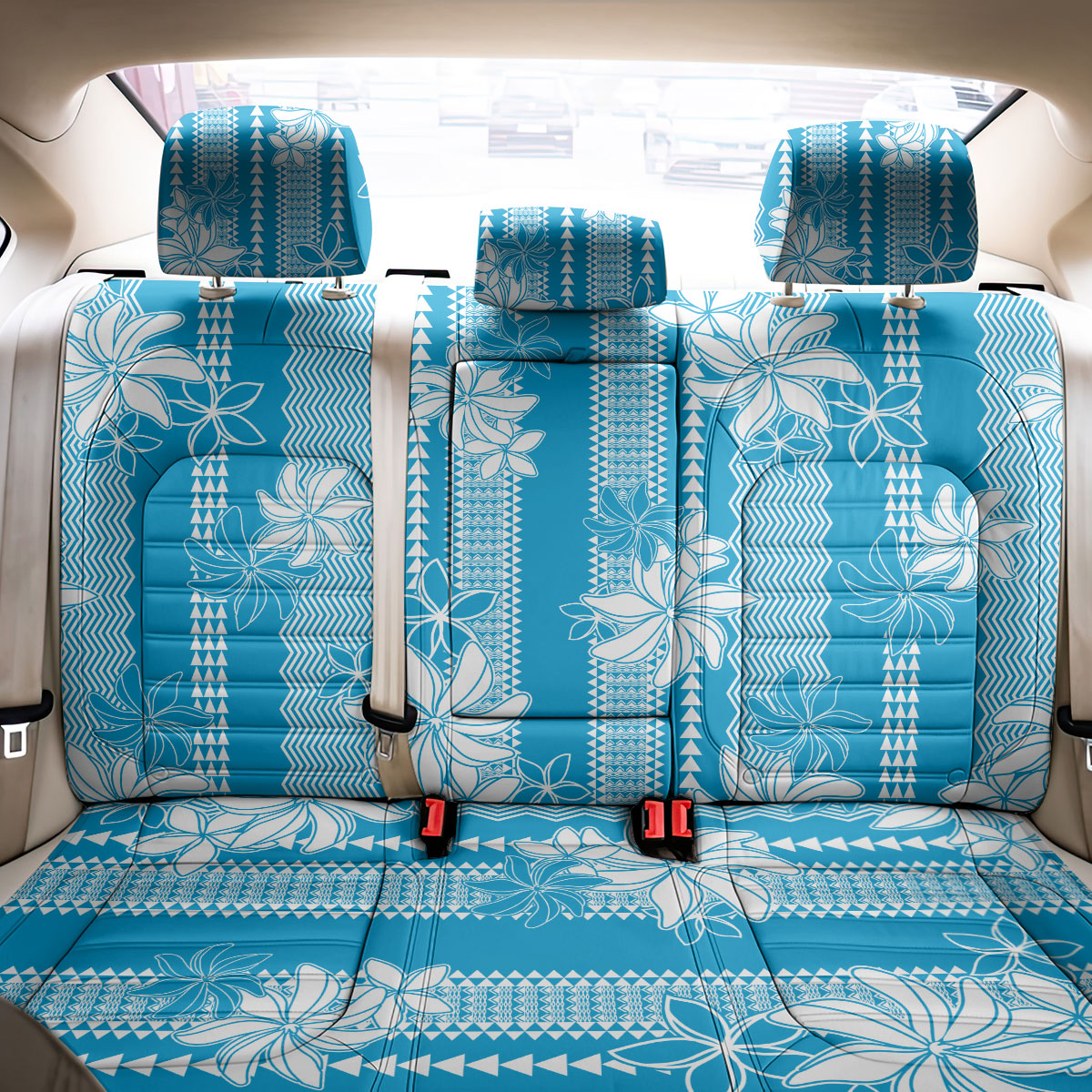 Hawaii Kakau Tribal Back Car Seat Cover With Blue Tiare LT05 - Polynesian Pride