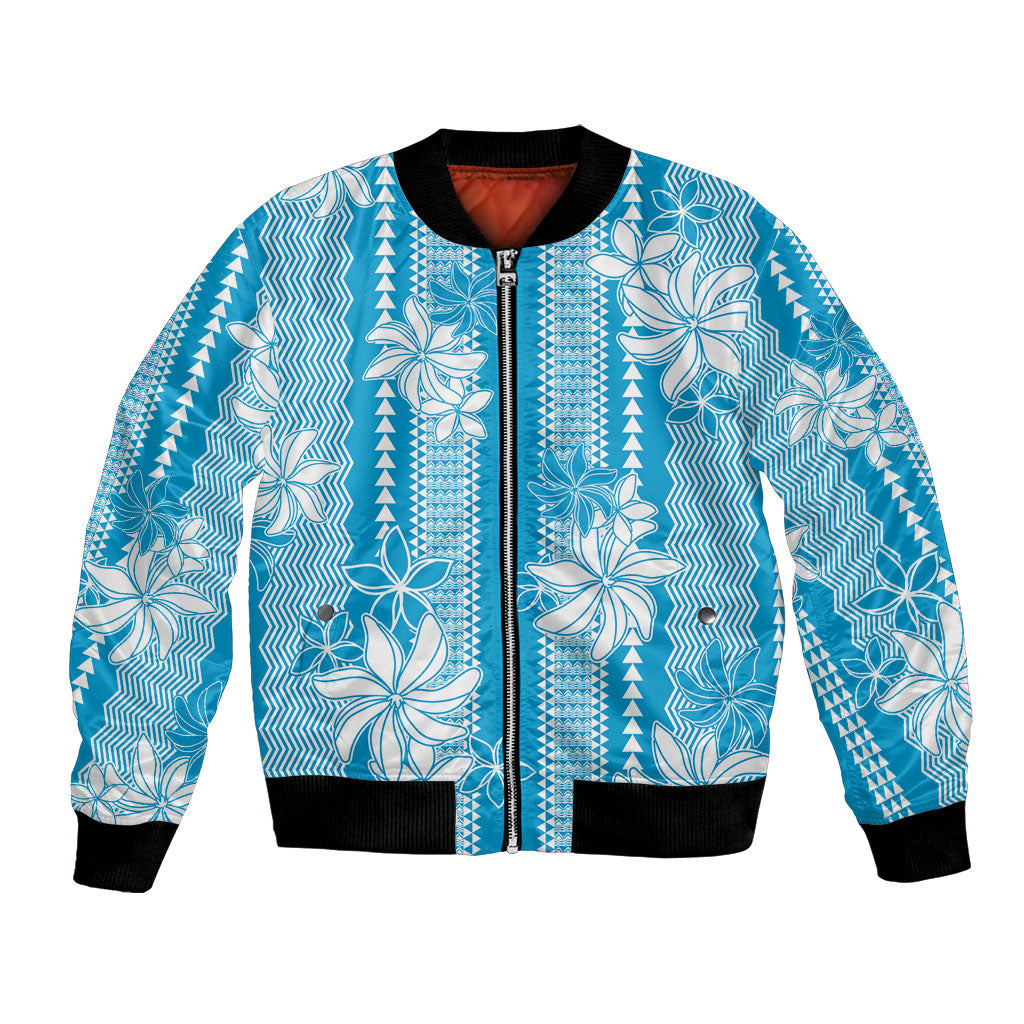 Hawaii Kakau Tribal Bomber Jacket With Blue Tiare LT05 Unisex Blue - Polynesian Pride