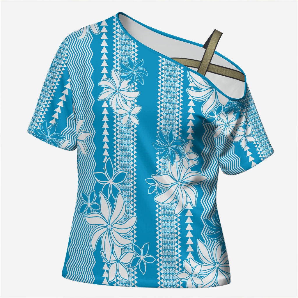 Hawaii Kakau Tribal Cross Shoulder Shirt With Blue Tiare LT05 Female Blue - Polynesian Pride