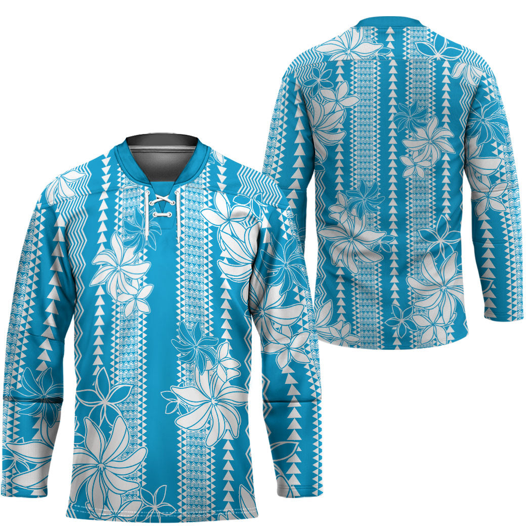 Hawaii Kakau Tribal Hockey Jersey With Blue Tiare LT05 - Polynesian Pride