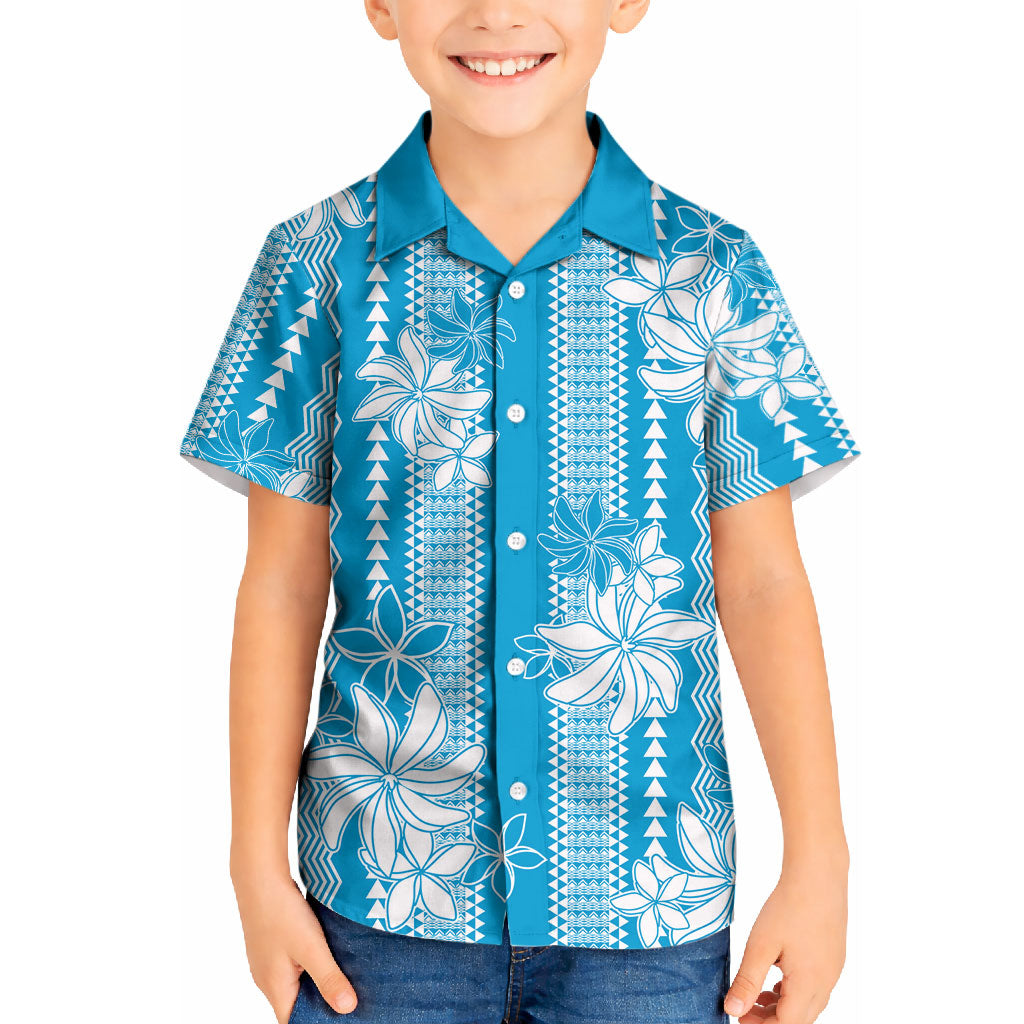 Hawaii Kakau Tribal Kid Hawaiian Shirt With Blue Tiare LT05 Kid Blue - Polynesian Pride