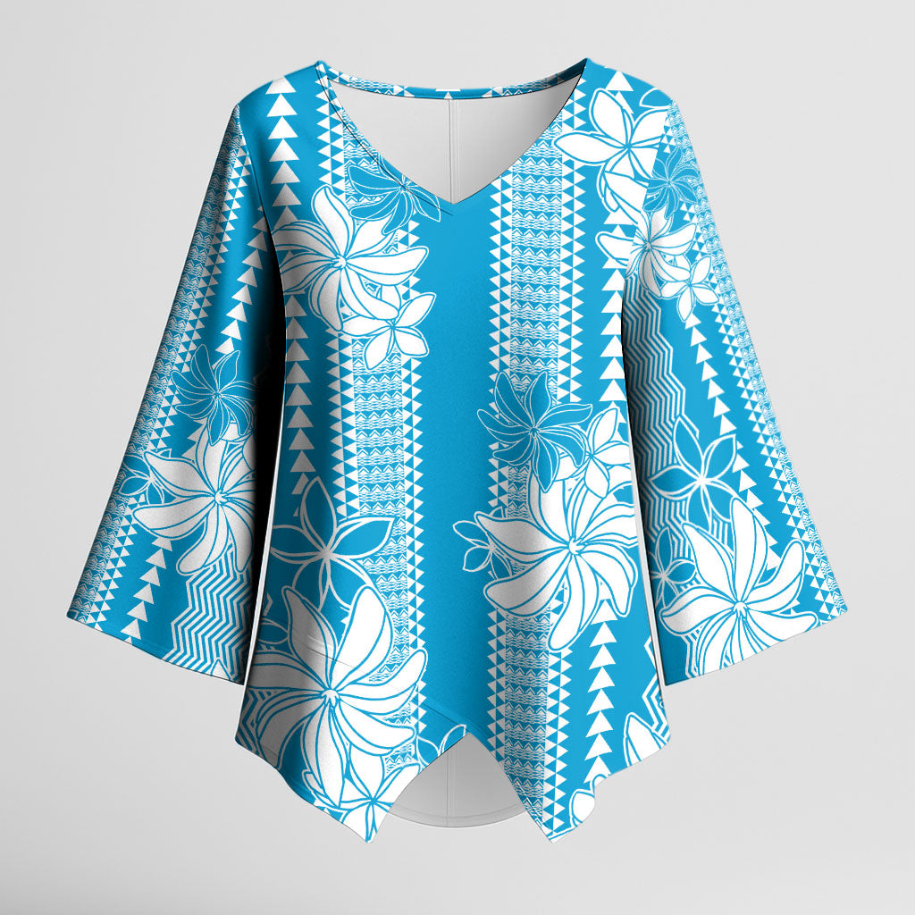 Hawaii Kakau Tribal Kimono Sleeve Blouse With Blue Tiare LT05 Female Blue - Polynesian Pride
