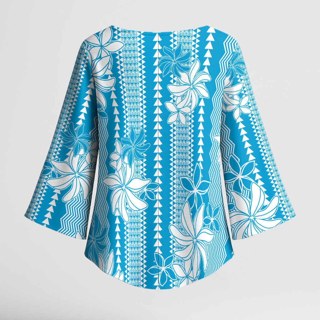 Hawaii Kakau Tribal Kimono Sleeve Blouse With Blue Tiare LT05 - Polynesian Pride