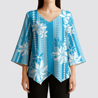 Hawaii Kakau Tribal Kimono Sleeve Blouse With Blue Tiare LT05 - Polynesian Pride