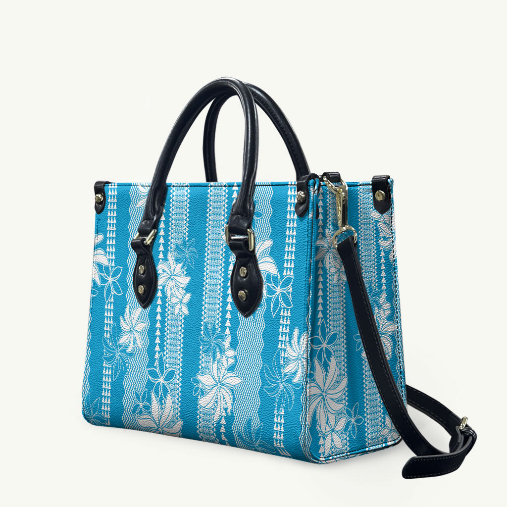Hawaii Kakau Tribal Leather Bag With Blue Tiare LT05 Blue - Polynesian Pride