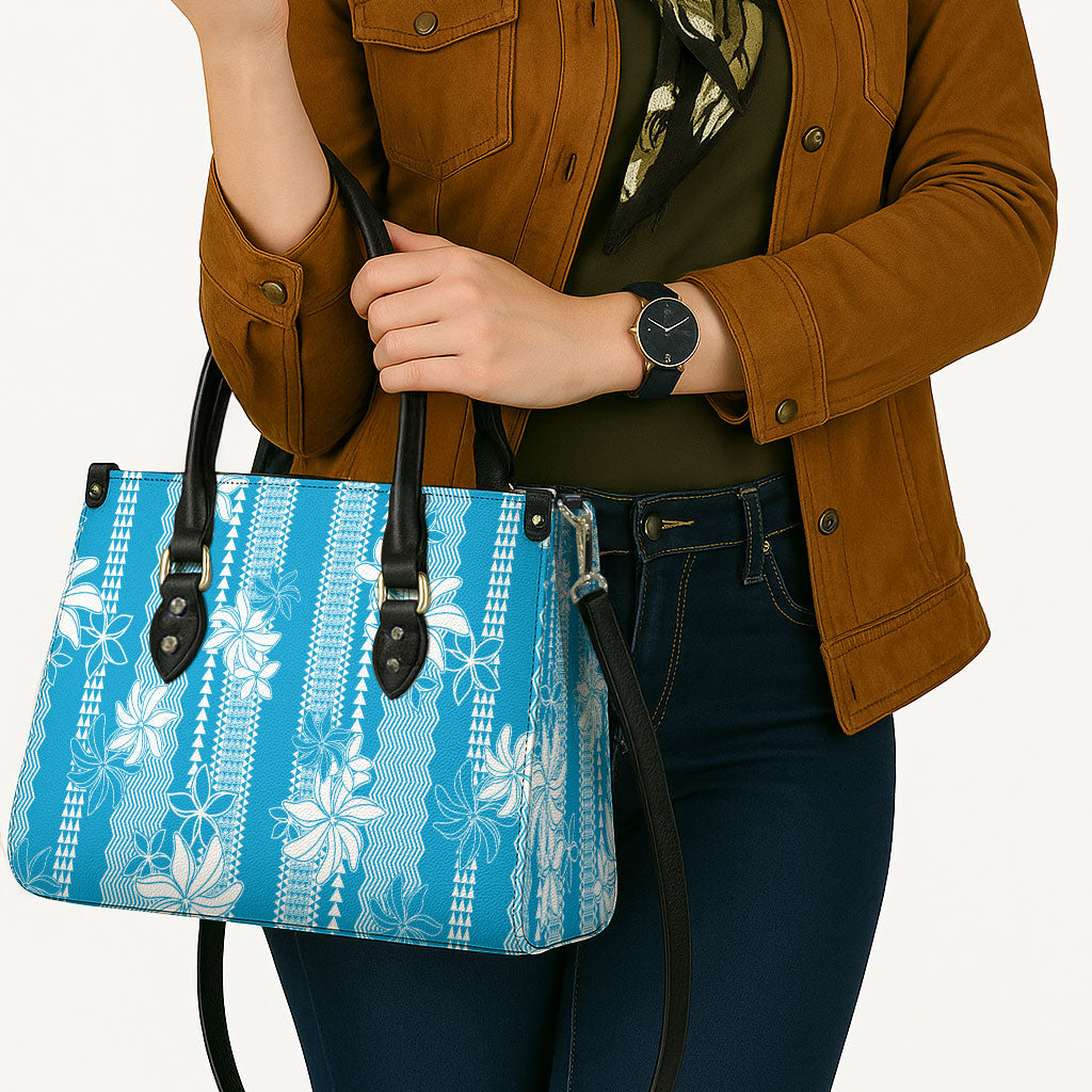 Hawaii Kakau Tribal Leather Bag With Blue Tiare LT05 - Polynesian Pride