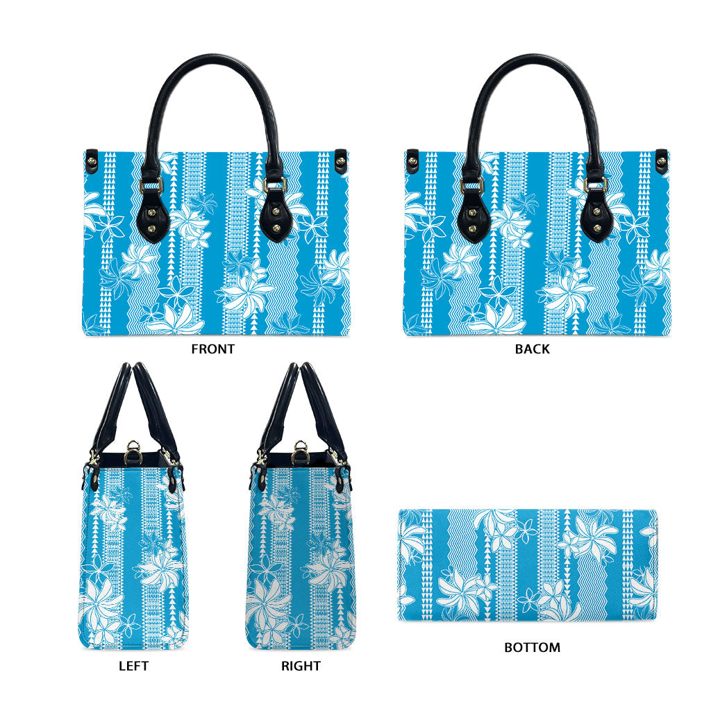 Hawaii Kakau Tribal Leather Bag With Blue Tiare LT05 - Polynesian Pride