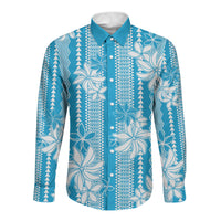 Hawaii Kakau Tribal Long Sleeve Button Shirt With Blue Tiare LT05 Unisex Blue - Polynesian Pride