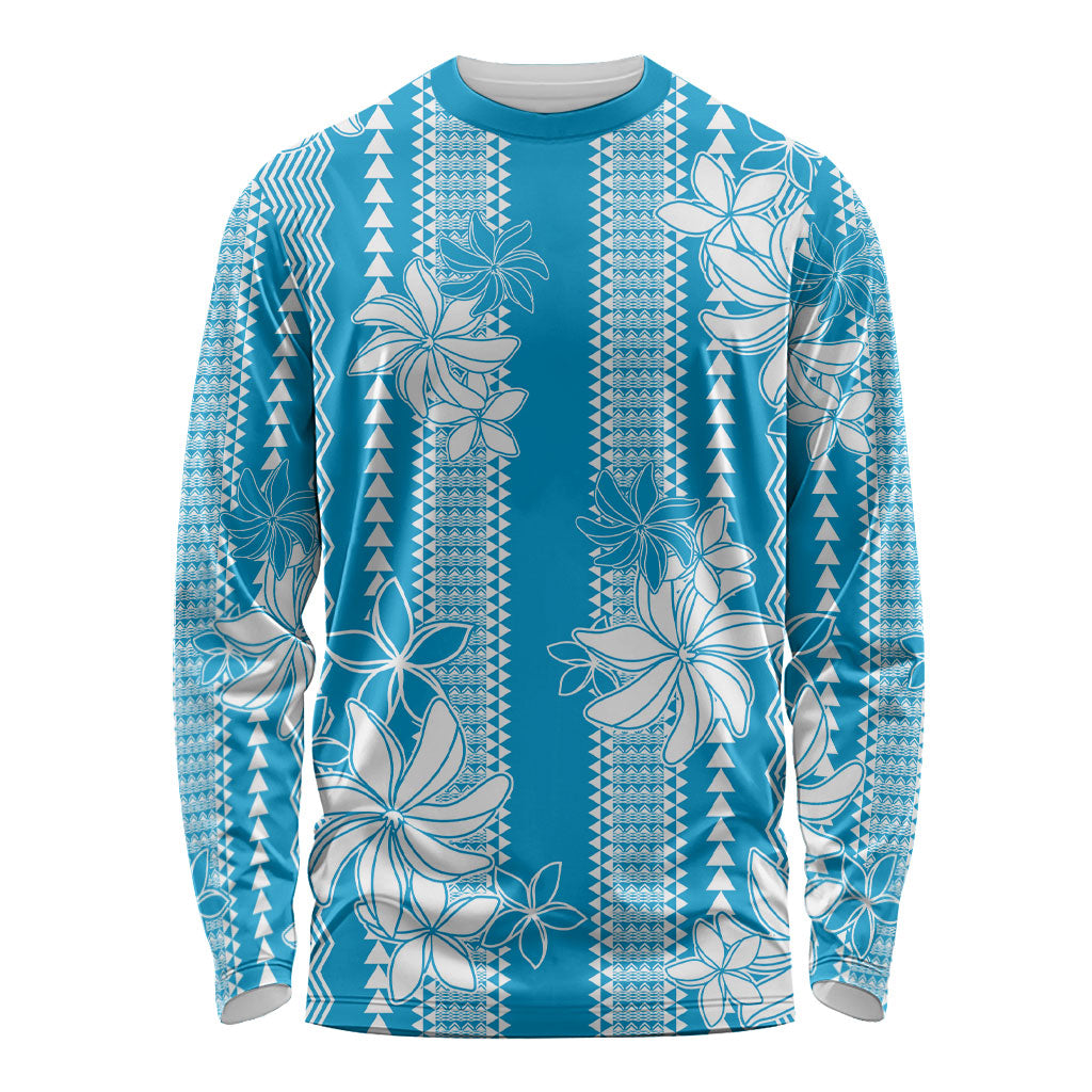 Hawaii Kakau Tribal Long Sleeve Shirt With Blue Tiare LT05 Unisex Blue - Polynesian Pride