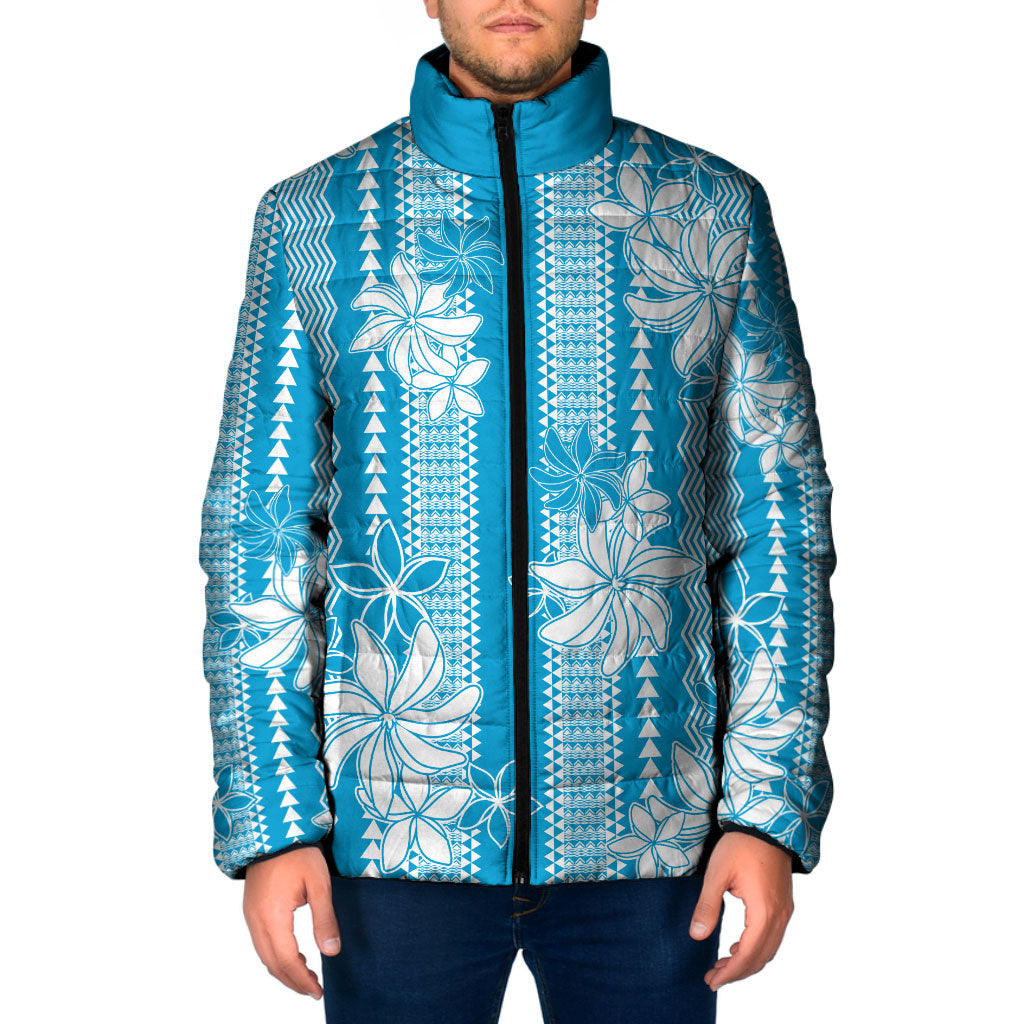 Hawaii Kakau Tribal Padded Jacket With Blue Tiare LT05 Men Blue - Polynesian Pride