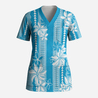 Hawaii Kakau Tribal Scrub Top With Blue Tiare LT05 Adult Blue - Polynesian Pride