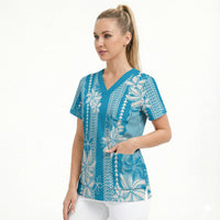 Hawaii Kakau Tribal Scrub Top With Blue Tiare LT05 - Polynesian Pride