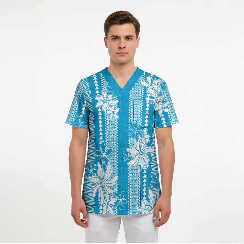 Hawaii Kakau Tribal Scrub Top With Blue Tiare LT05 - Polynesian Pride