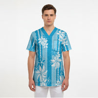 Hawaii Kakau Tribal Scrub Top With Blue Tiare LT05 - Polynesian Pride