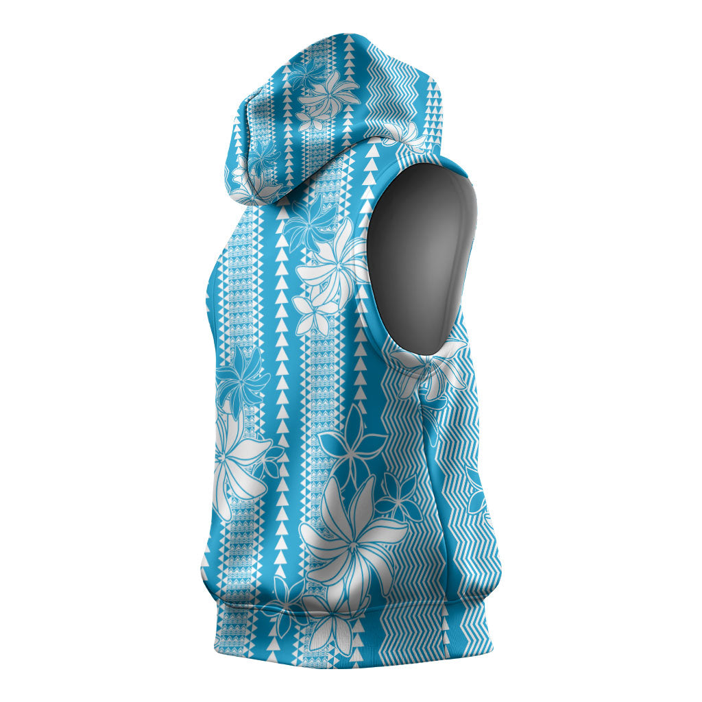 Hawaii Kakau Tribal Sleeveless Hoodie With Blue Tiare LT05 - Polynesian Pride