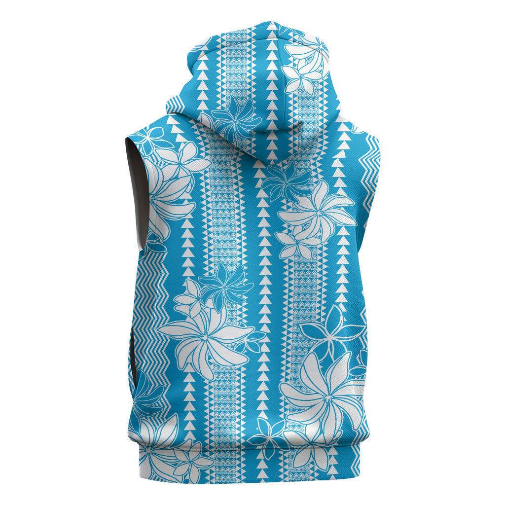 Hawaii Kakau Tribal Sleeveless Zip Hoodie With Blue Tiare LT05 - Polynesian Pride