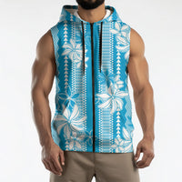 Hawaii Kakau Tribal Sleeveless Zip Hoodie With Blue Tiare LT05 - Polynesian Pride